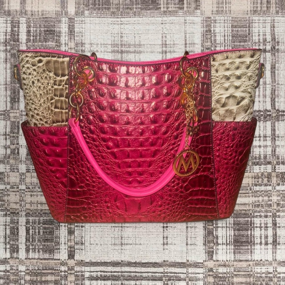 Stylish Pink and Tan MIA K Croc-Embossed Women's Bag